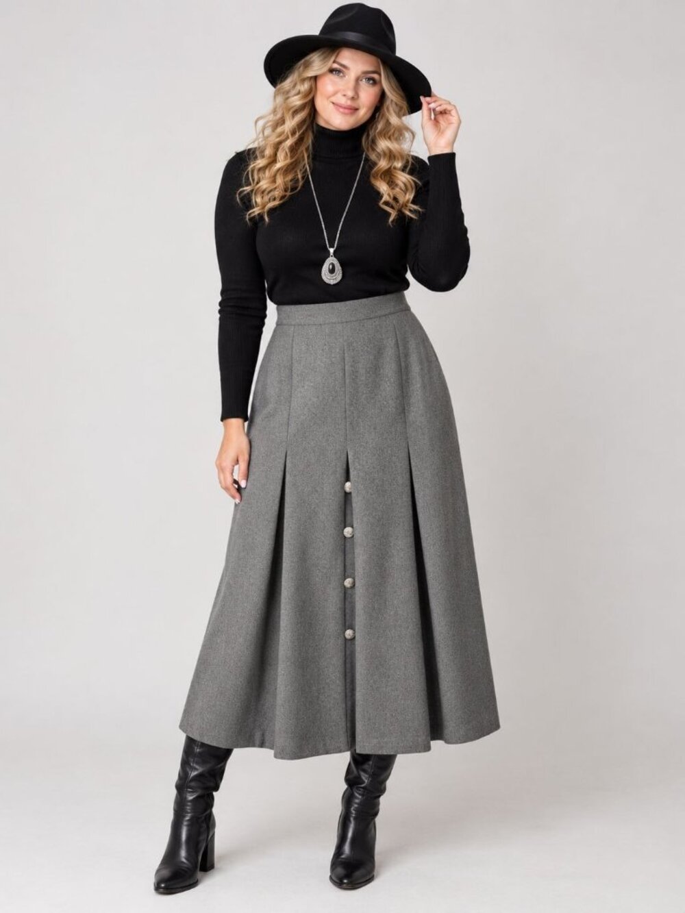 Vintage Alphorn Trachtenmode Wool Flared Midi Skirt Gray German 46 US 12-14
